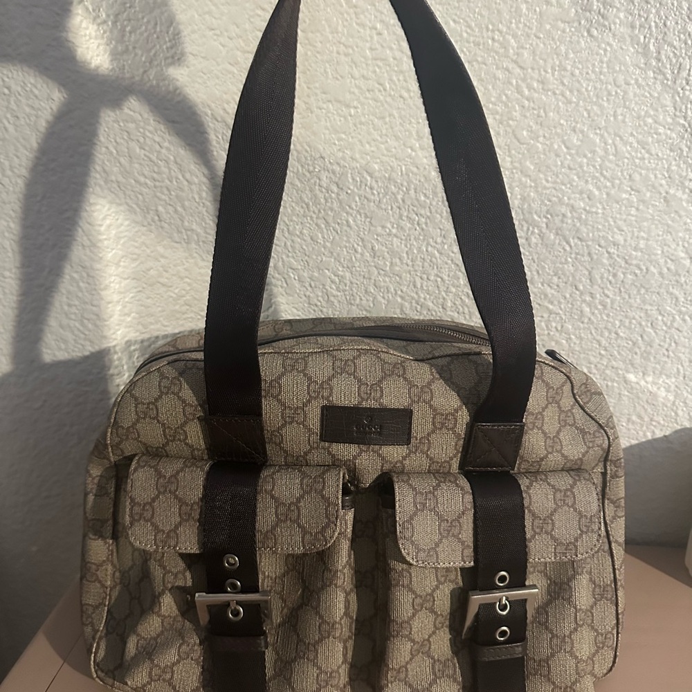 Authentic Gucci Monogram Canvas Bag with Dark Straps